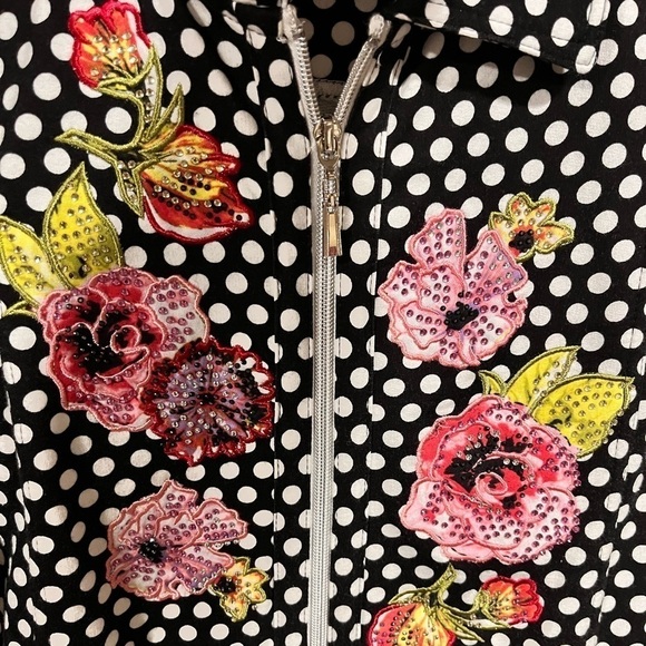 Onque Casuals Chic Black Polka Dot Floral Zipper Cardigan PS Artsy Festival - Picture 2 of 10